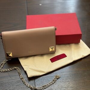 Valentino Garavani Rockstud Tan Clutch with Gold Studs